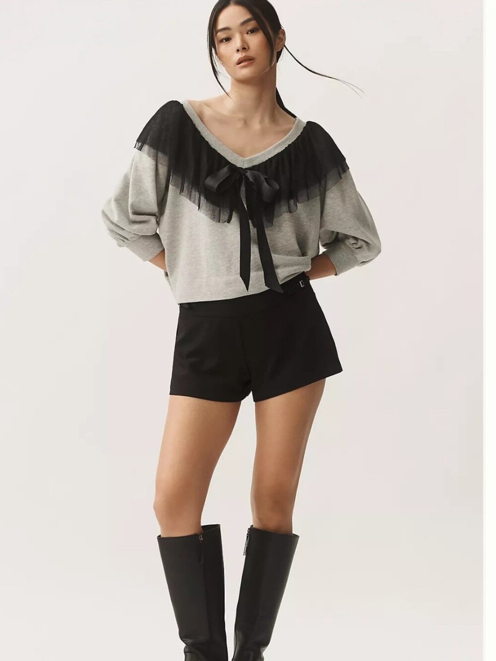 Maeve Light Gray Sweatshirt with Black Sheer Ruffle Neck MISSING BOW